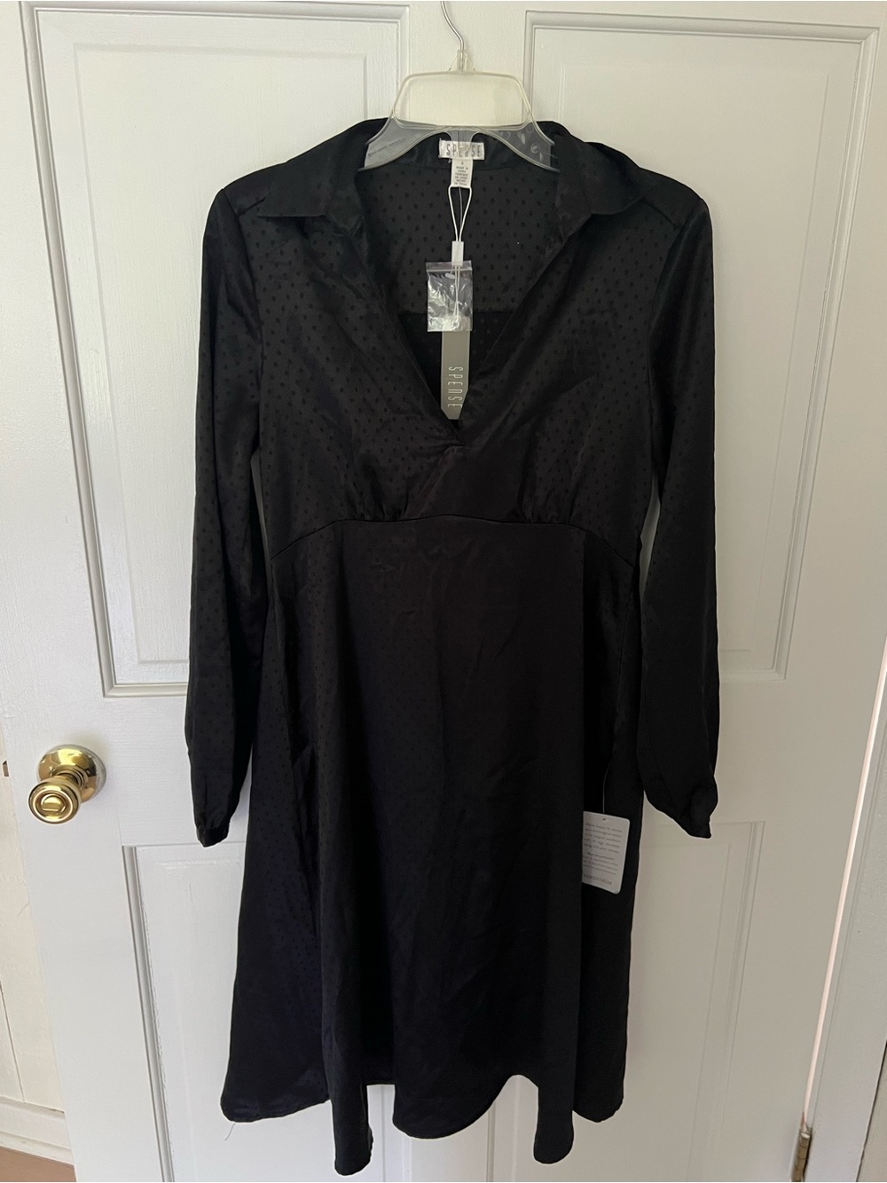Nordstrom Spense Black Silk Polka Dot Midi Dress with V-Neck Collar - Size 4
